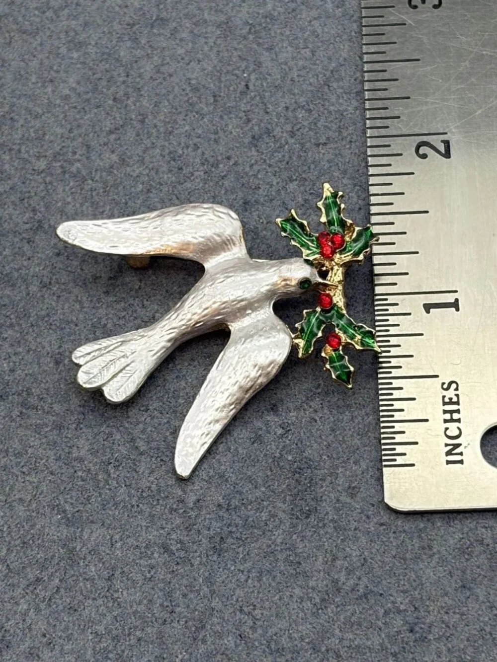 Vintage Christmas Dove Brooch 1.75 In White Green Red Enamel Rhinestone Holiday